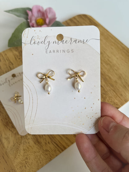 Gold Bow and Pearl Studs