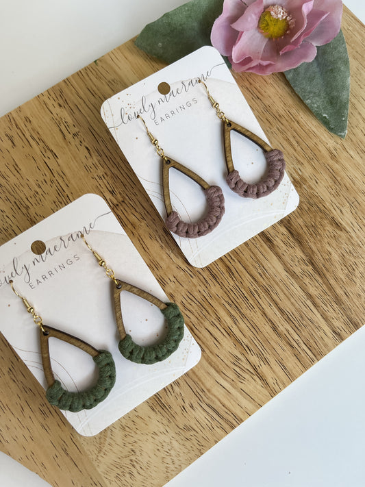 Wood Teardop Macrame Earrings