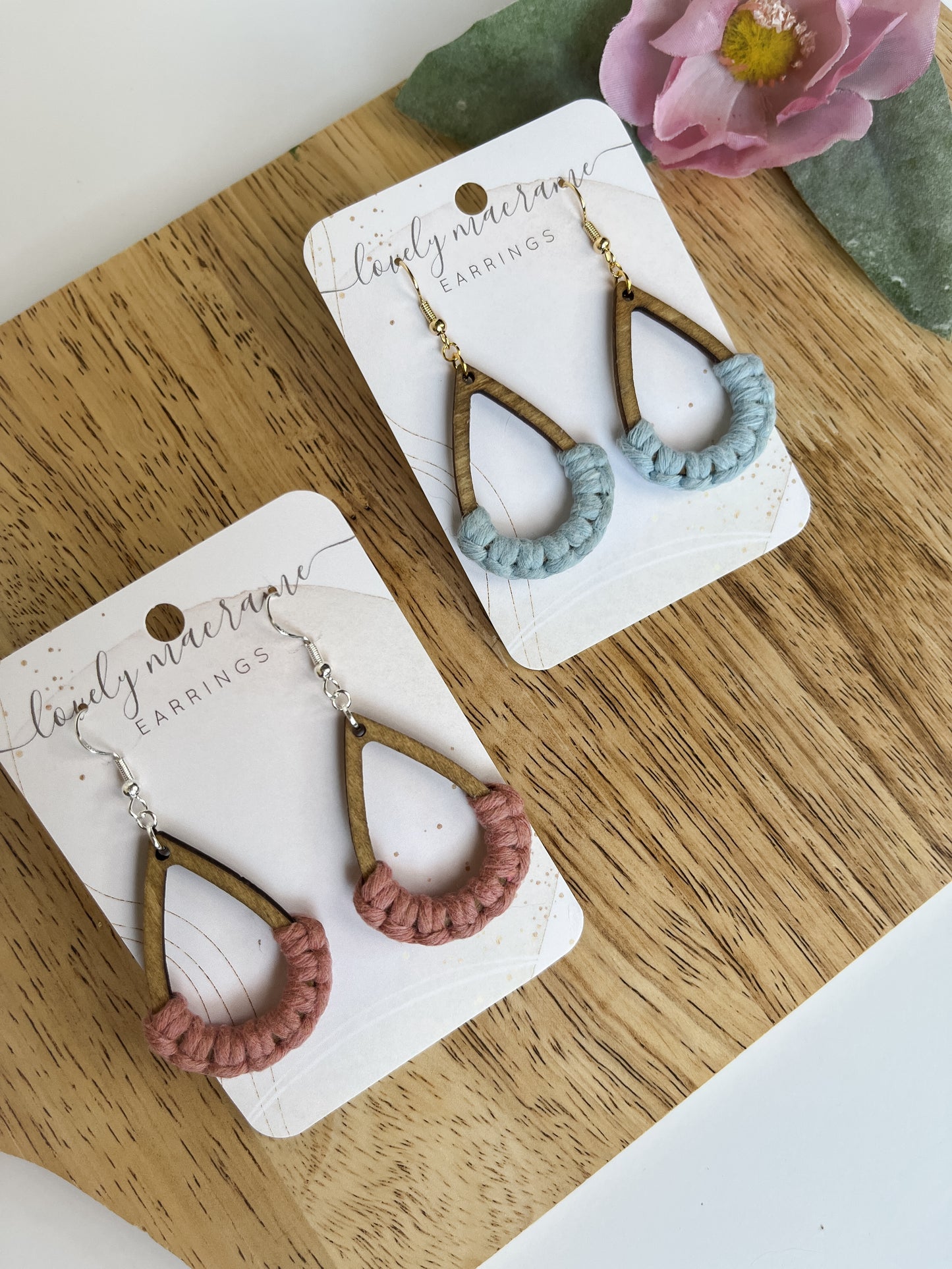 Wood Teardop Macrame Earrings