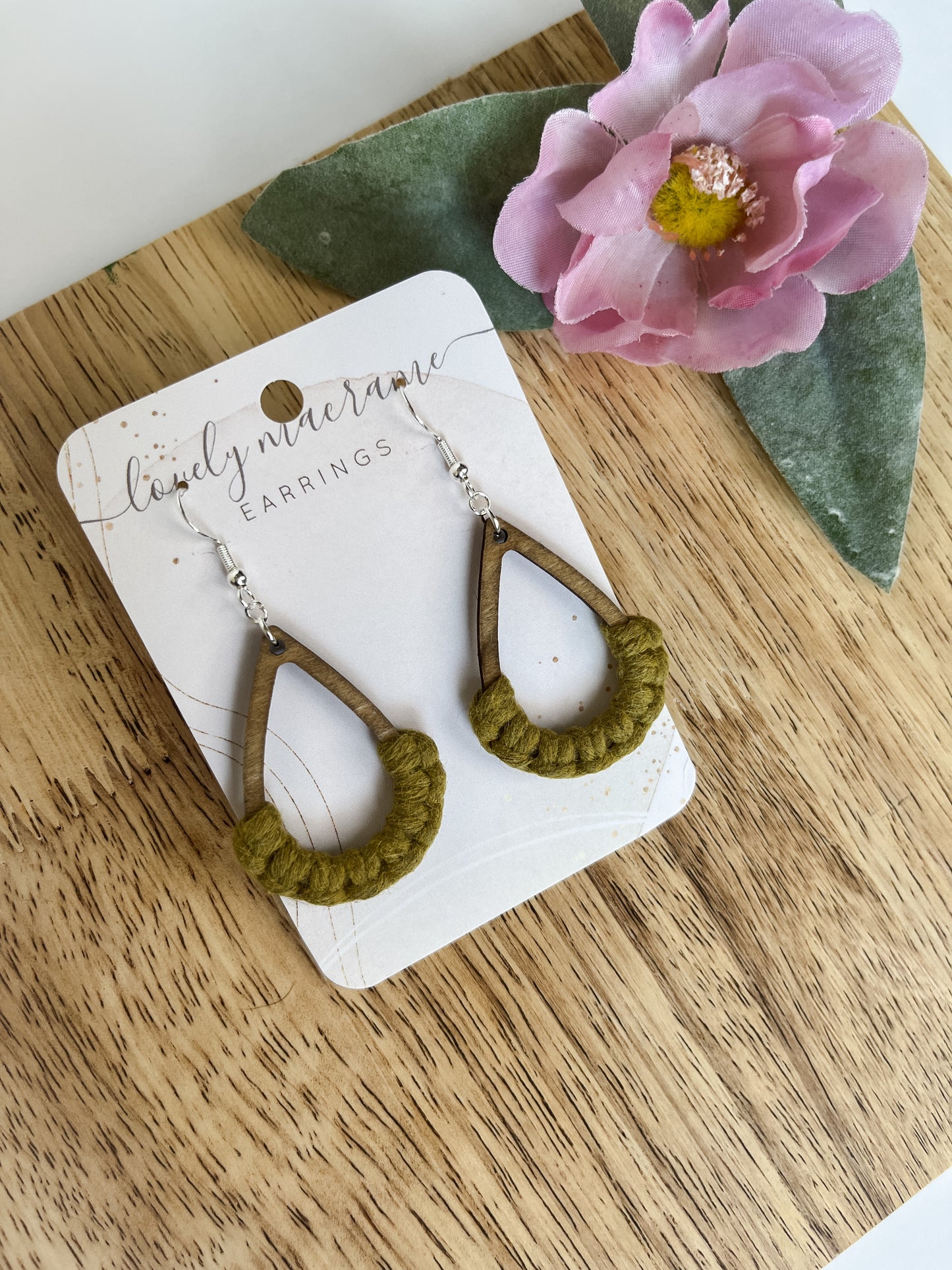 Wood Teardop Macrame Earrings