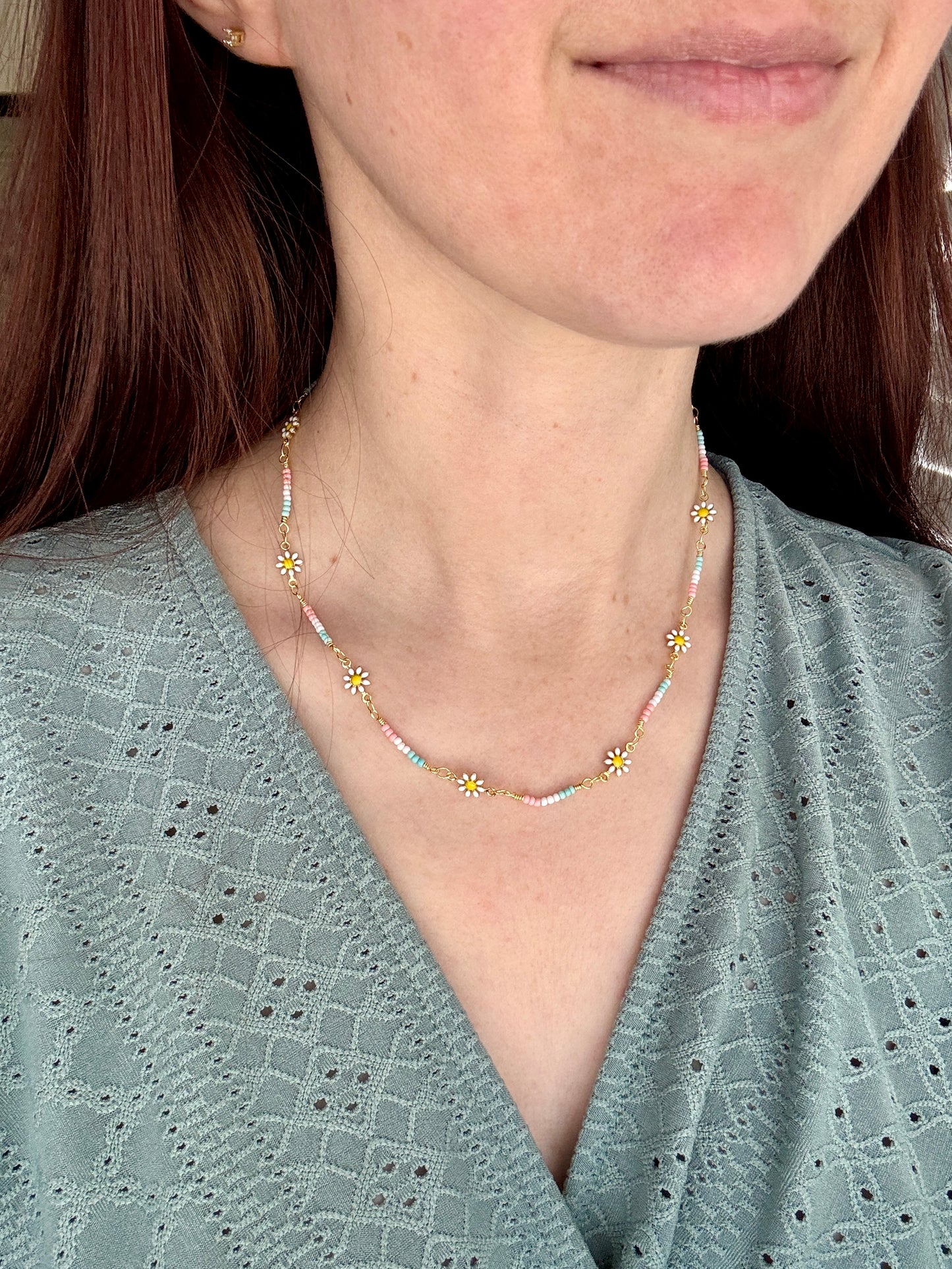 Daisy and Color Beads 14k Gold Filled Necklace