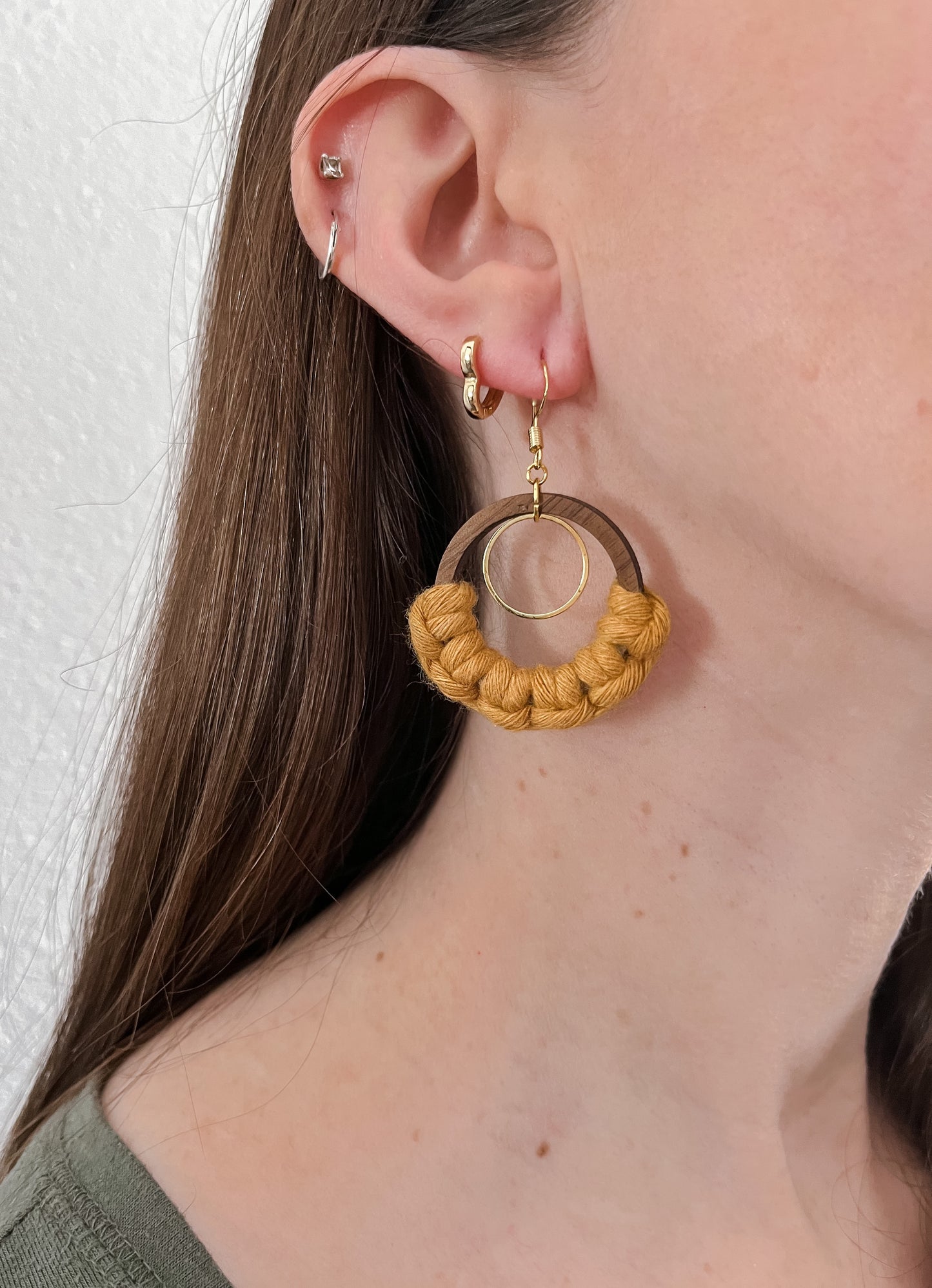 Wood and Gold Ring Earrings